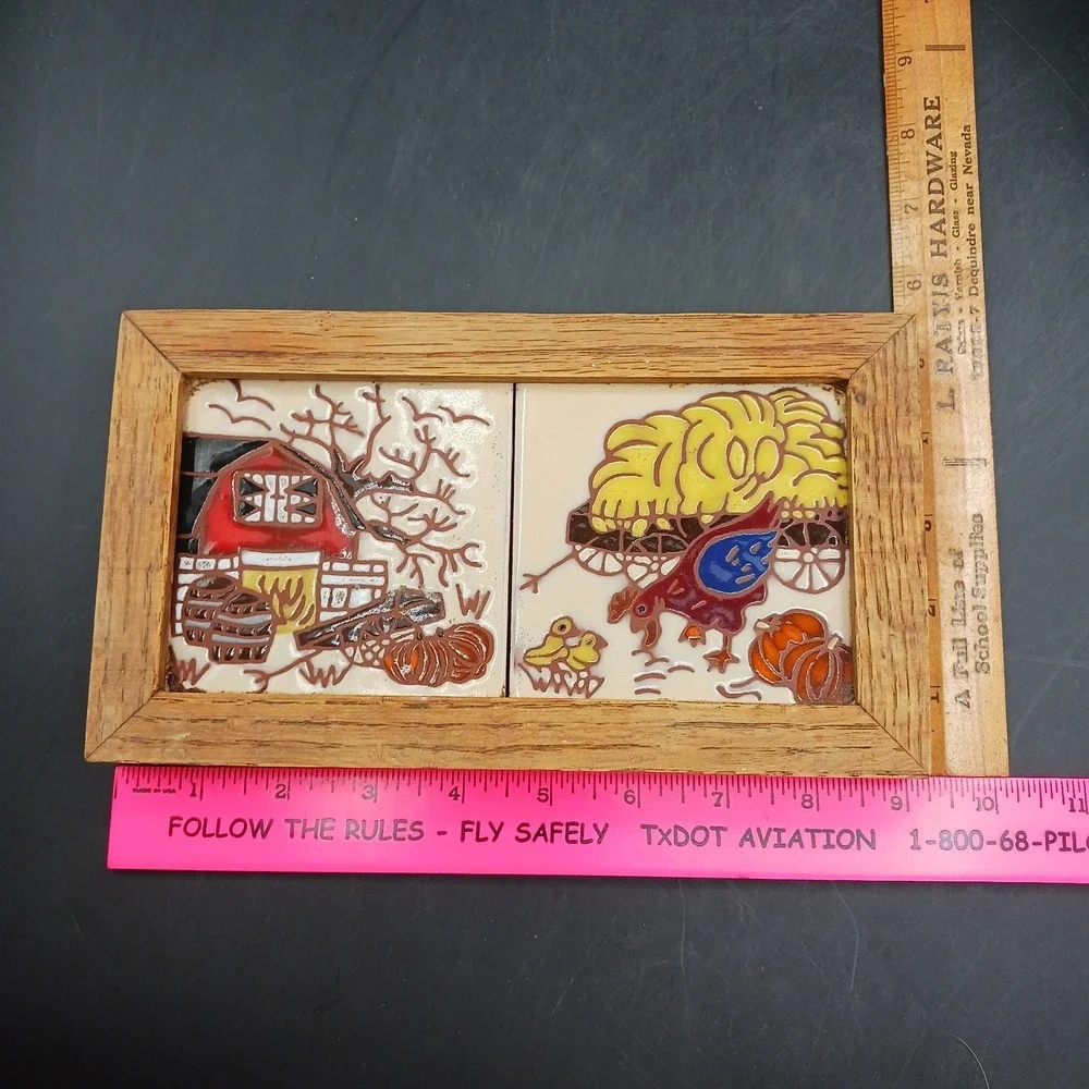 VTG Ceramic Tile Framed Wall art Barn Hen Chicks Pumpkin Trivet Country Farmcore
